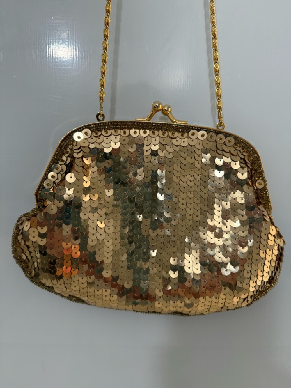 Gold Sequin Evening Clutch Bag with Chain Strap/Vintage Style Party Purse